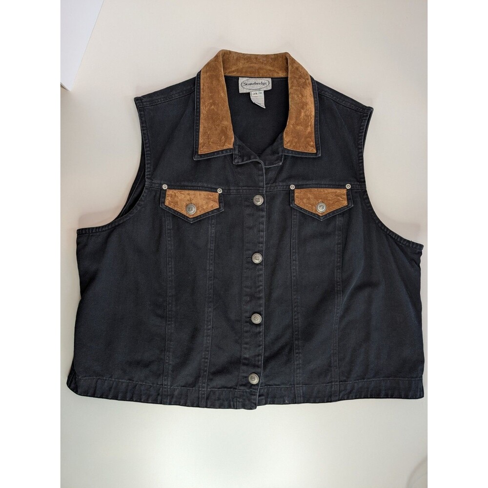 Vintage Stonebridge Black Denim Western Vest Size 2X Suede Trim Conchos